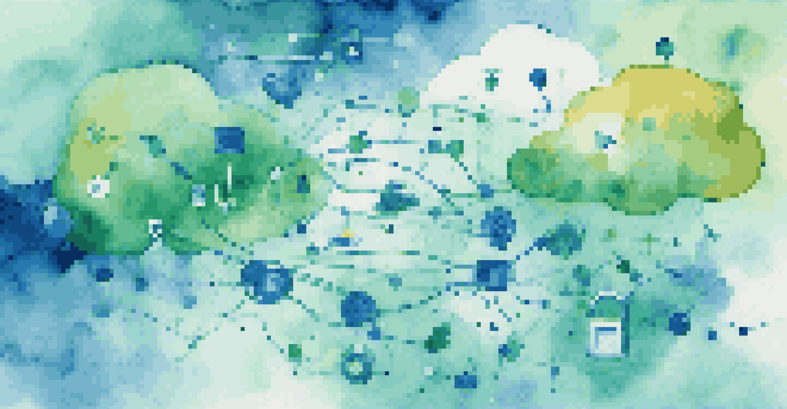 An abstract image showing colorful data flowing through a cloud network with icons representing security and analytics.
