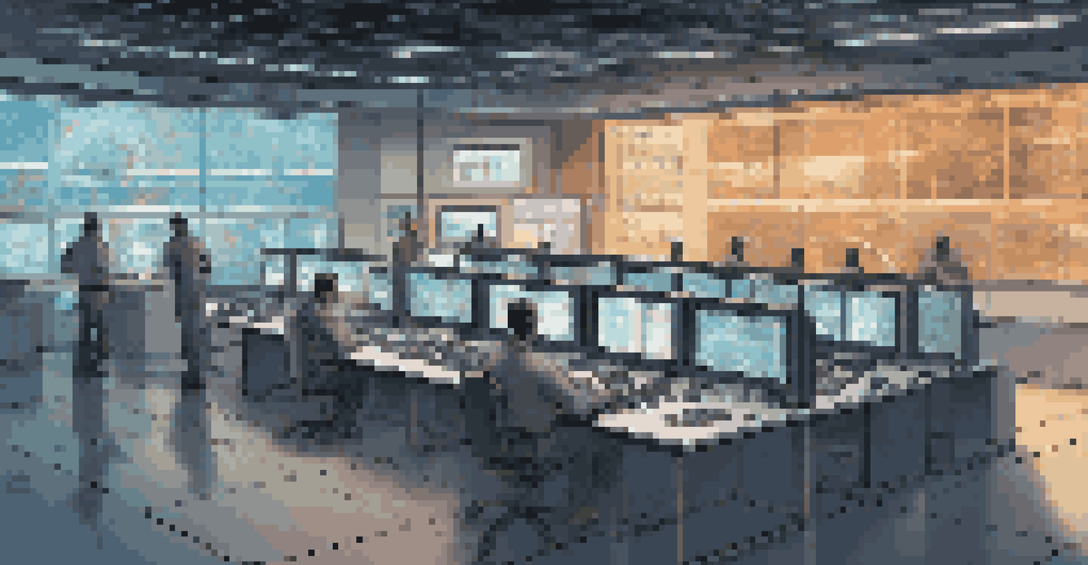 A control room with glowing screens showing real-time data from building sensors, with a technician analyzing the information.