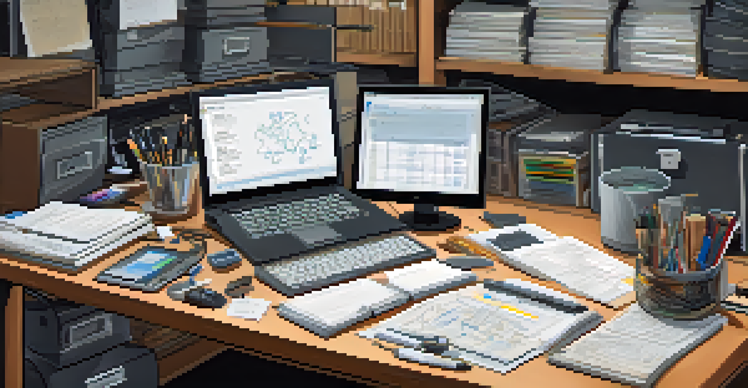 A digital forensics expert documenting evidence in a well-organized workspace filled with technical tools and a laptop.