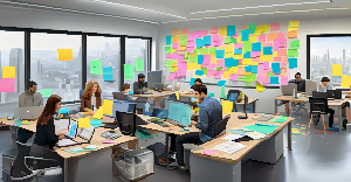 A bright and modern office space where a diverse team of software developers collaborates around a table, surrounded by laptops and colorful sticky notes, with a whiteboard full of diagrams in the background.