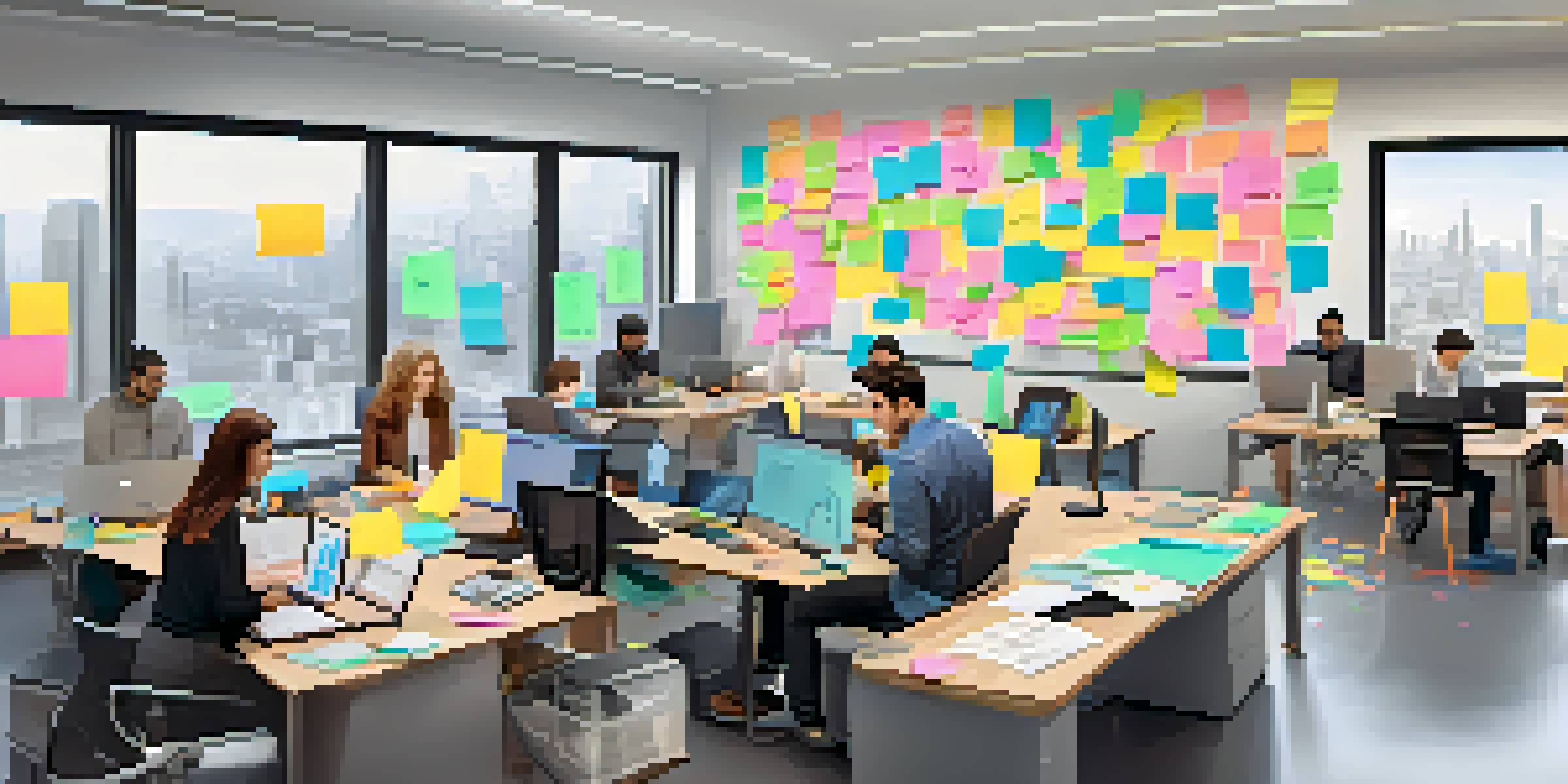 A bright and modern office space where a diverse team of software developers collaborates around a table, surrounded by laptops and colorful sticky notes, with a whiteboard full of diagrams in the background.