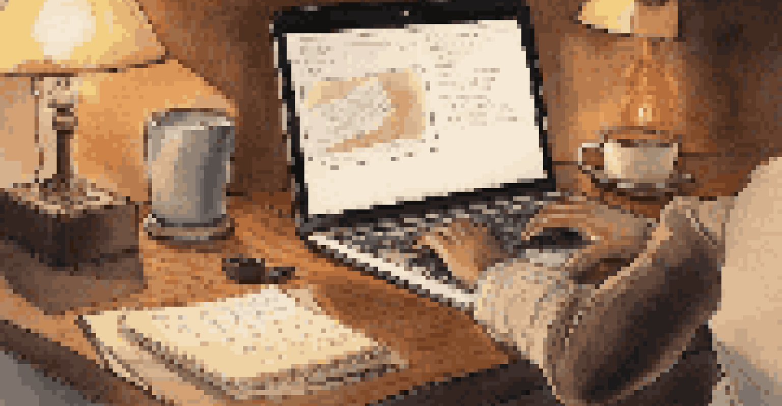 Close-up of a person typing on a laptop with notes and a cup of coffee, illuminated by a desk lamp.
