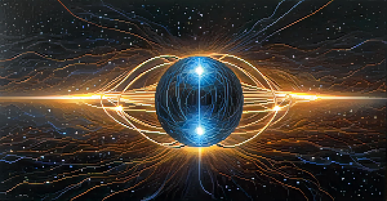 Two glowing orbs connected by a light strand in a dark starry background, representing quantum entanglement.