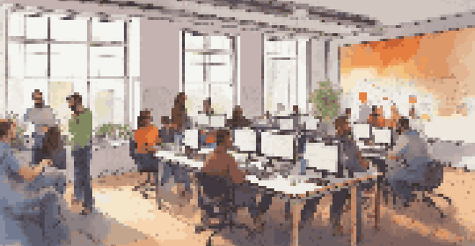 A community gathering of diverse developers collaborating on open source software, with laptops, whiteboards, and posters in a well-lit room.