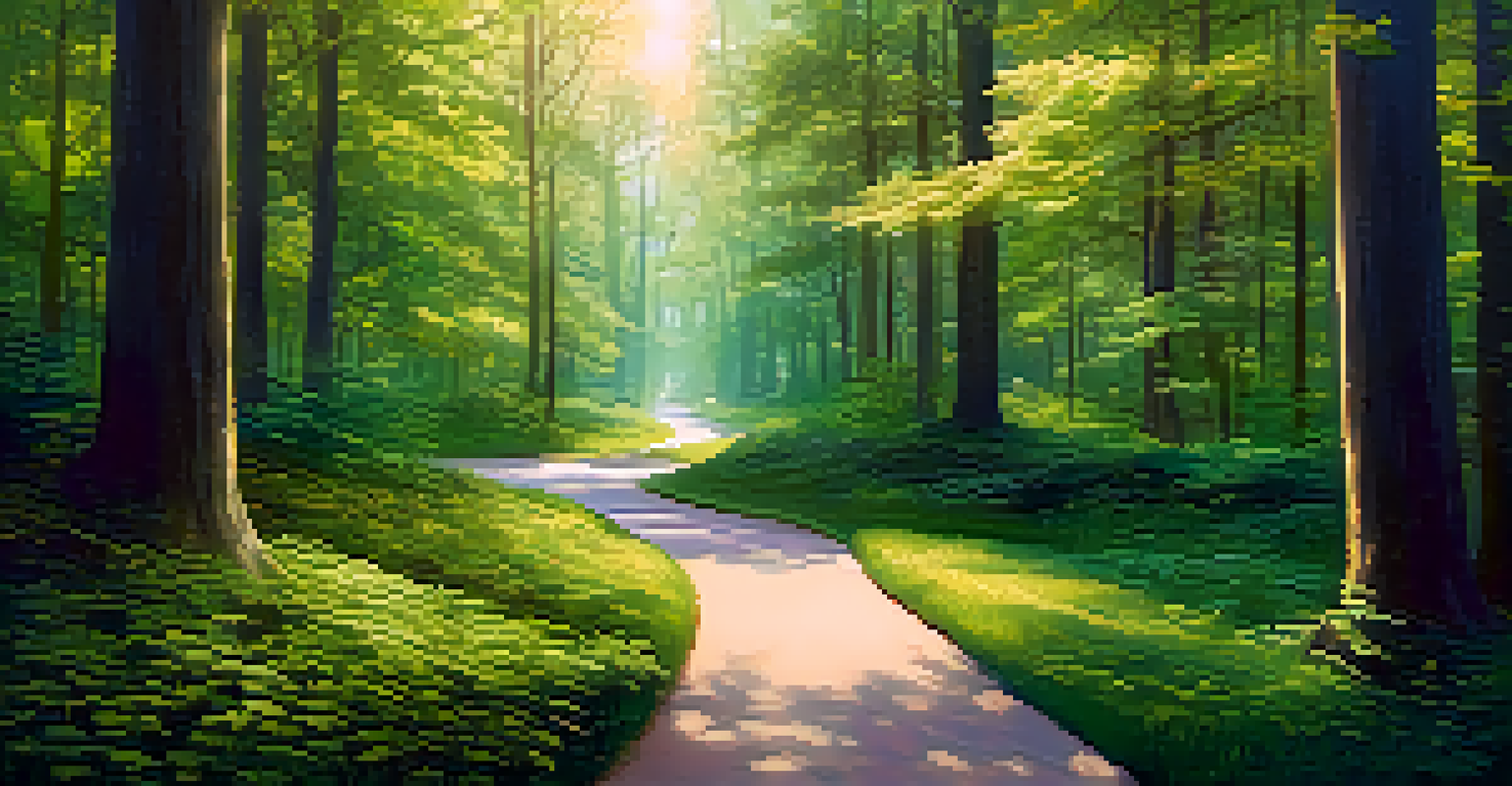 A peaceful forest path with signposts labeled GDPR and HIPAA, symbolizing the journey of compliance in data governance, illuminated by soft sunlight.