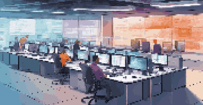 A modern IT service desk featuring monitors with real-time data and an IT team member communicating with a user.