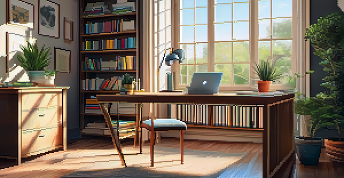 A bright and organized home office with a desk, laptop, chair, and shelves filled with books, illuminated by natural light from a window.
