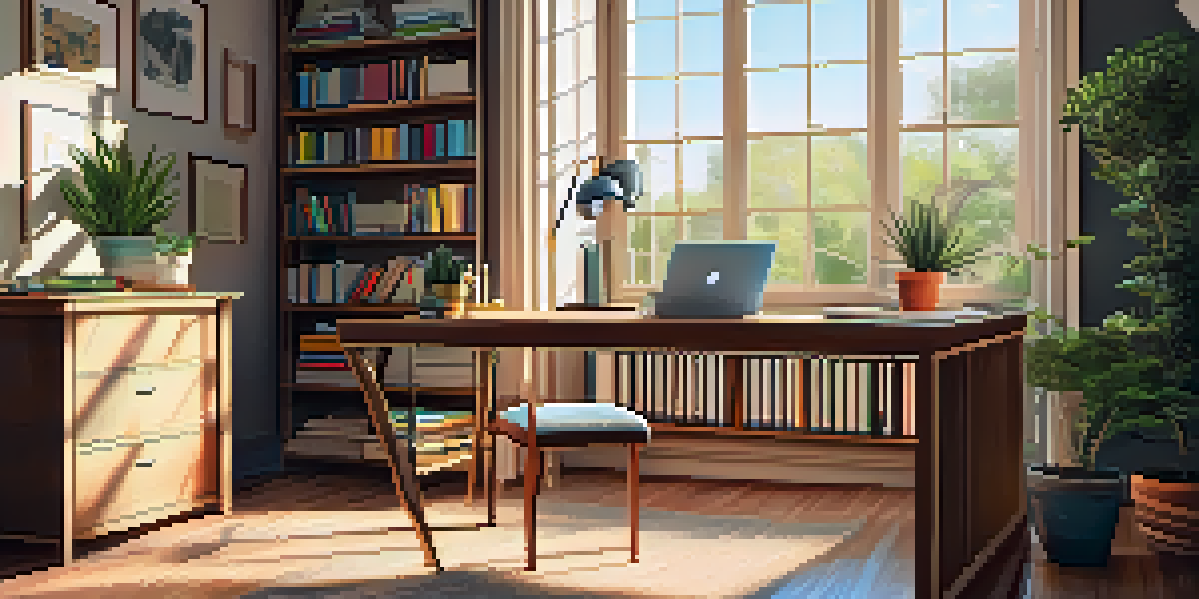 A bright and organized home office with a desk, laptop, chair, and shelves filled with books, illuminated by natural light from a window.