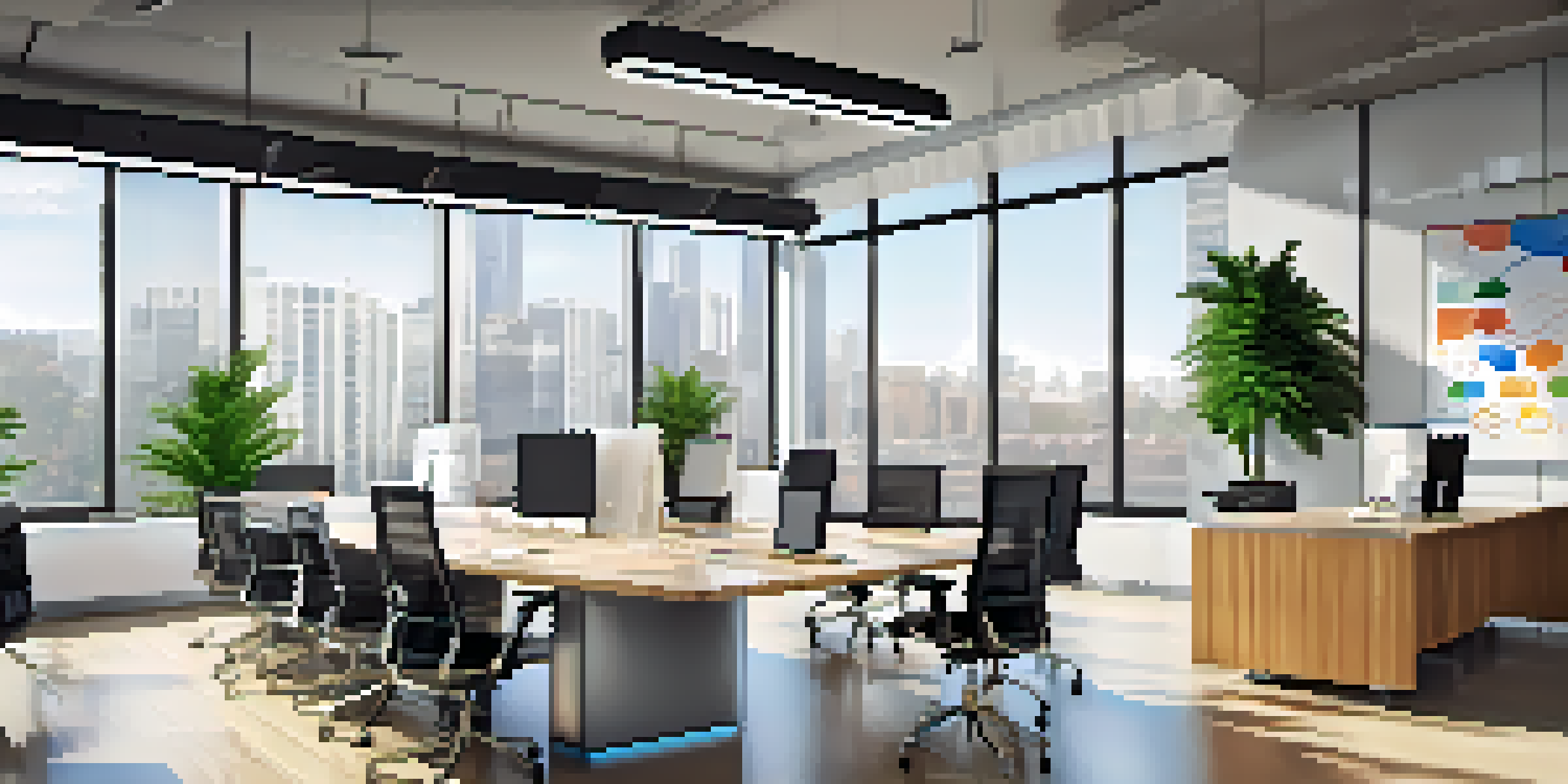 A bright and modern office with large windows, a conference table, colorful data visualizations on the walls, and indoor plants.