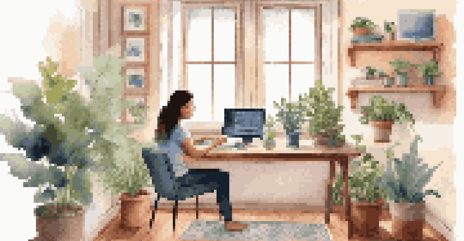 A person in a cozy home office engaged in a telemedicine consultation on a laptop, surrounded by plants and a comfortable chair.