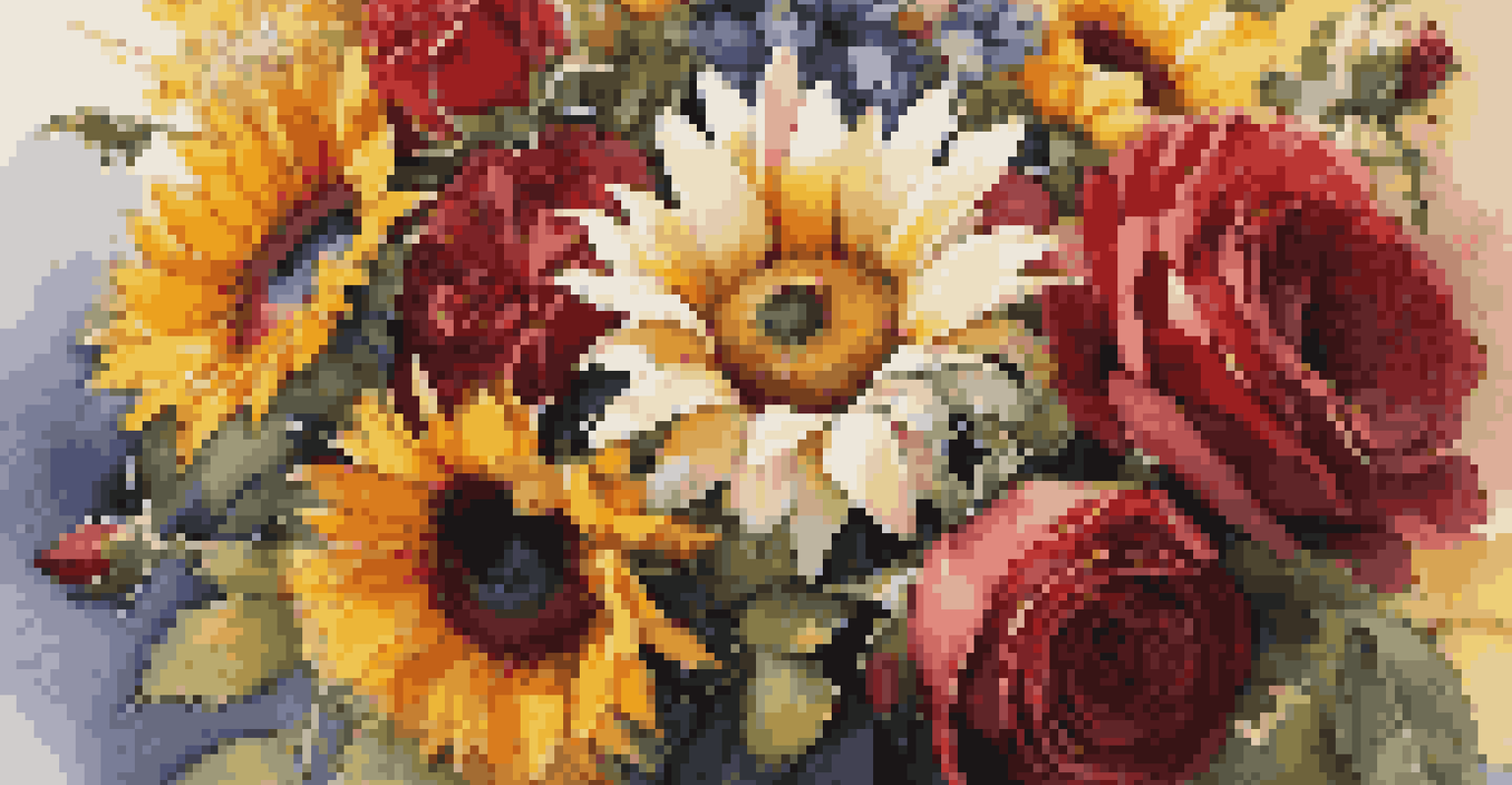 A colorful bouquet of flowers with roses, sunflowers, and daisies in sunlight.