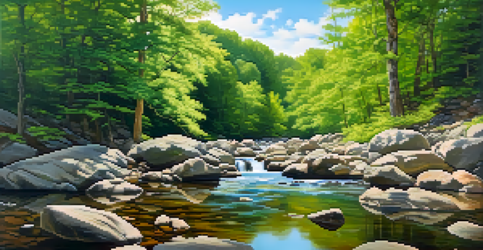 A tranquil forest with sunlight shining through the trees and a stream flowing over rocks.