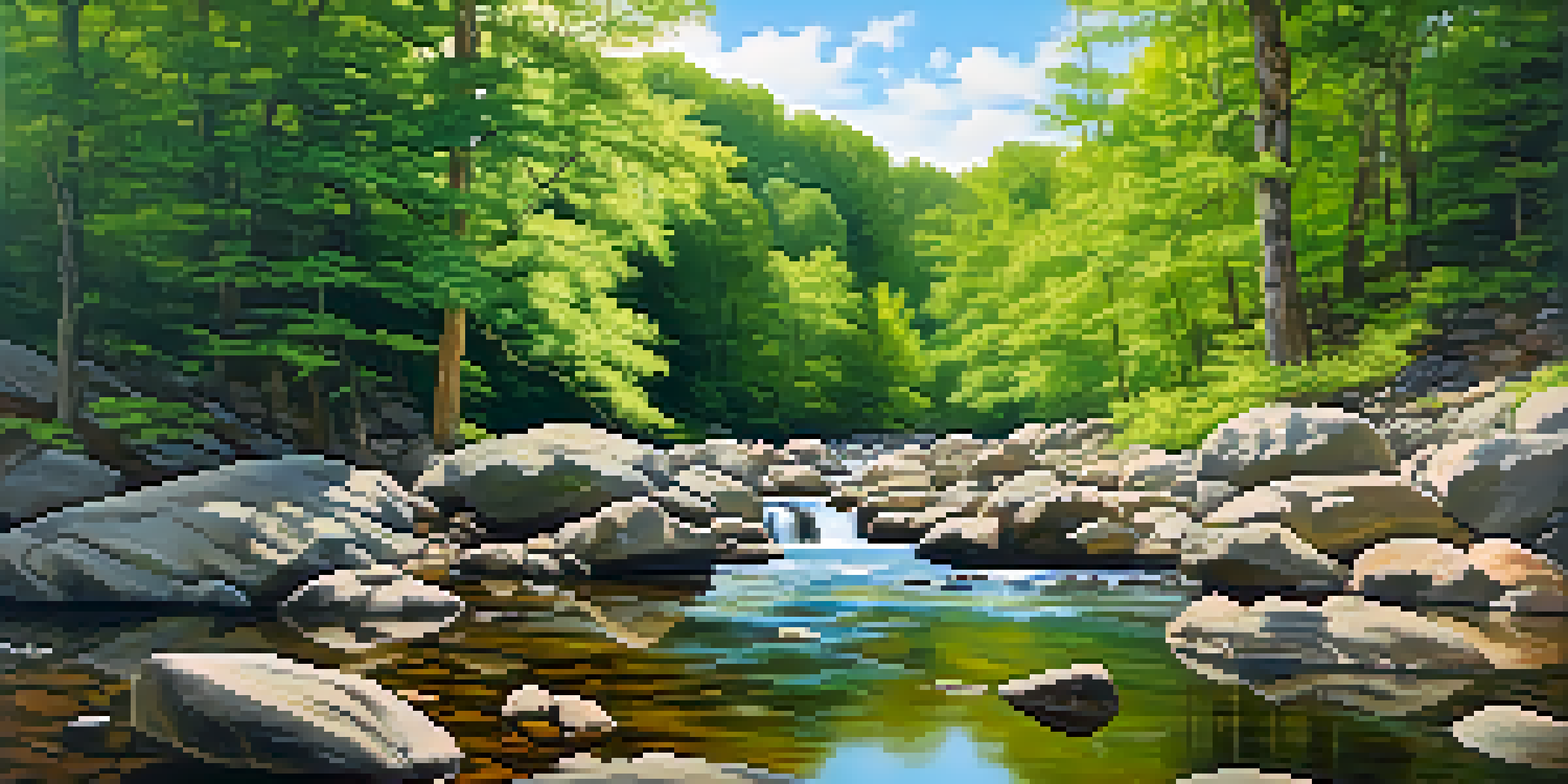 A tranquil forest with sunlight shining through the trees and a stream flowing over rocks.
