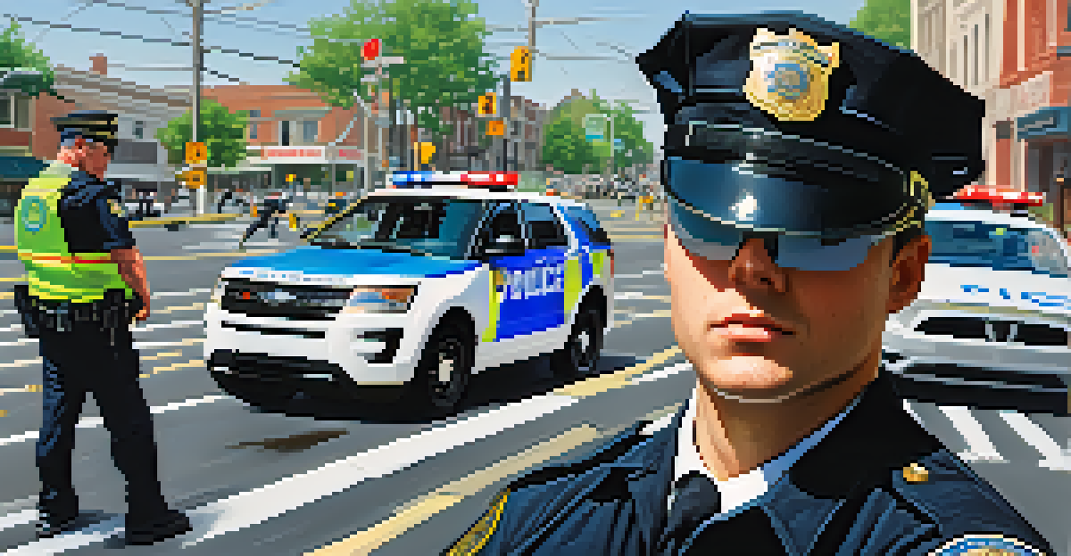 A police officer using augmented reality glasses at an accident scene, with digital overlays indicating injuries and traffic.