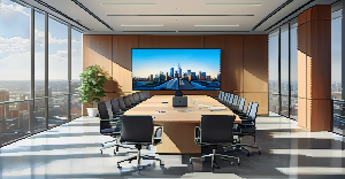 A bright modern office with a large conference table and diverse professionals having a video conference, with a city skyline visible through the windows.