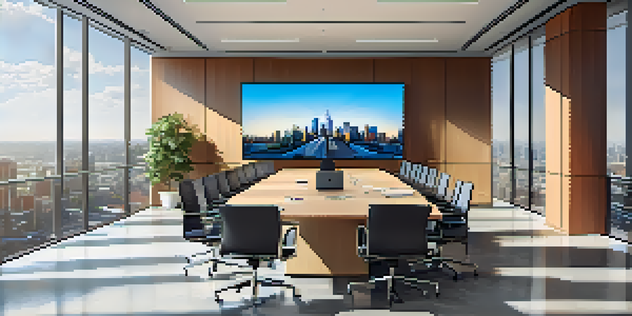 A bright modern office with a large conference table and diverse professionals having a video conference, with a city skyline visible through the windows.