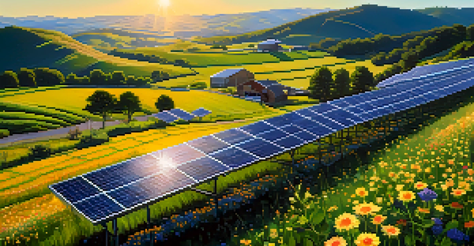 A sunny landscape featuring a solar farm with solar panels, green hills, and blooming wildflowers.