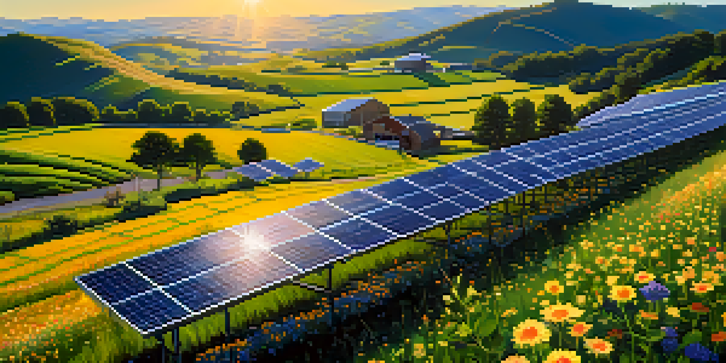 A sunny landscape featuring a solar farm with solar panels, green hills, and blooming wildflowers.