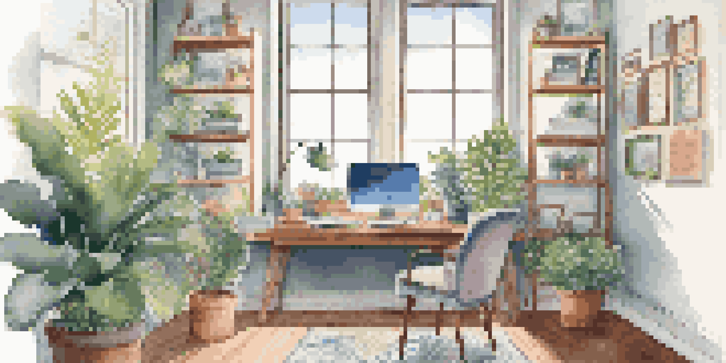 A bright and inviting remote office space with a desk, laptop, and potted plant, emphasizing a positive work environment.