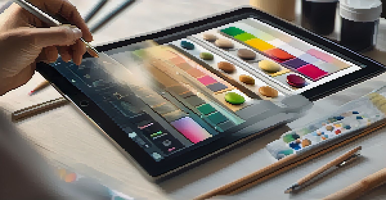 A close-up of a designer's hands using a tablet to create an A/B test layout with two button designs.