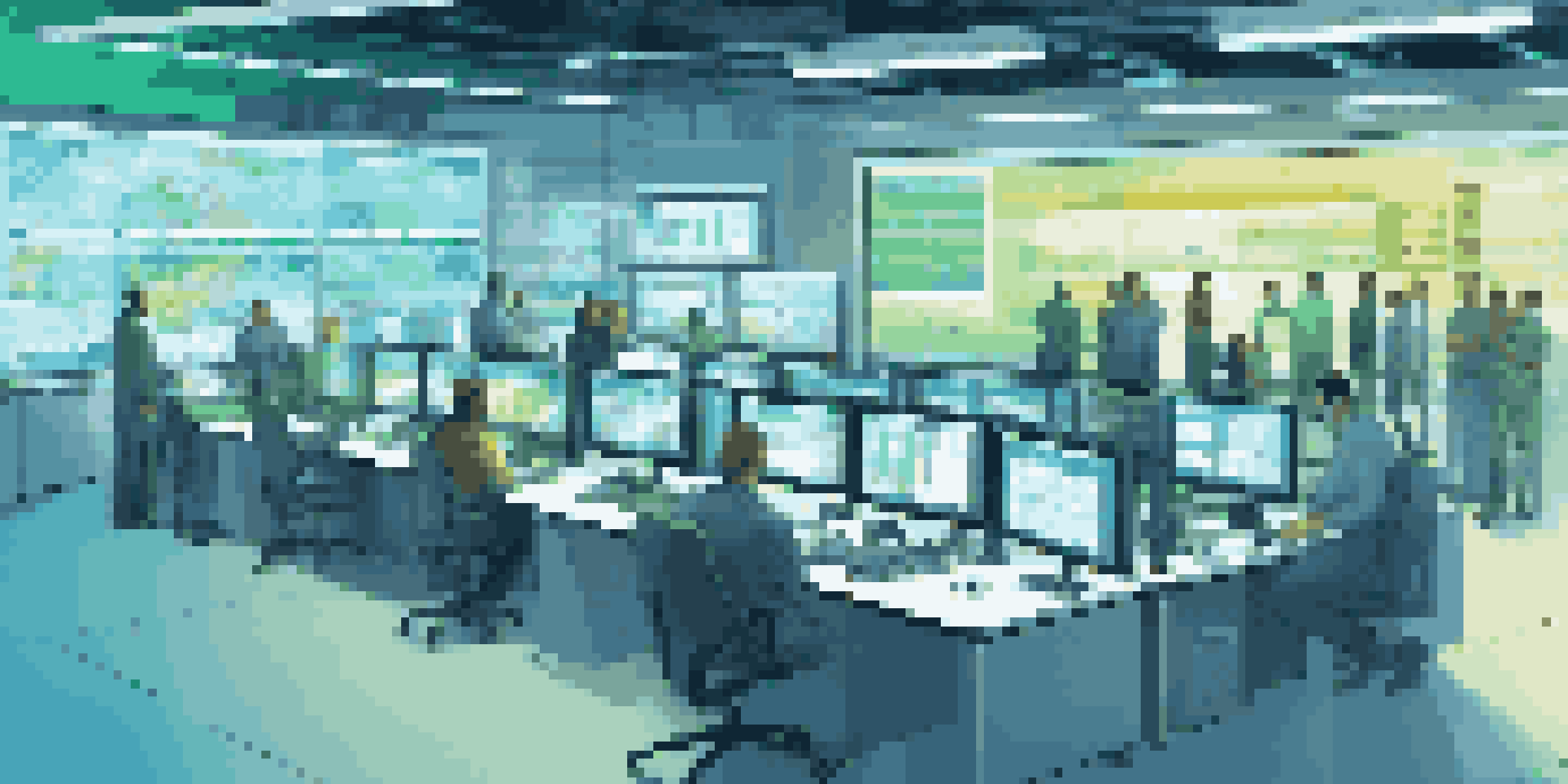A modern supply chain control room with professionals analyzing real-time data on large screens.