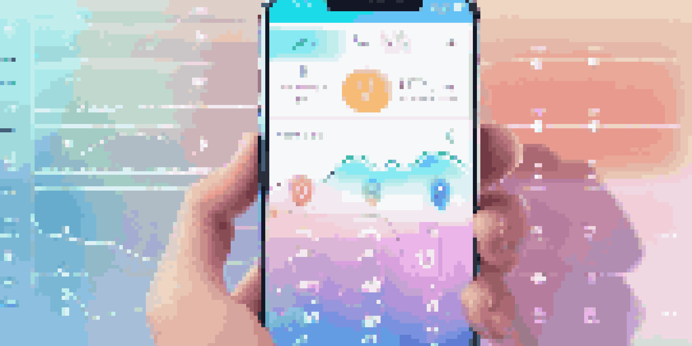 A smartphone with a voice recognition app interface, featuring colorful icons and sound wave graphics, set against a soft blue and white gradient background.