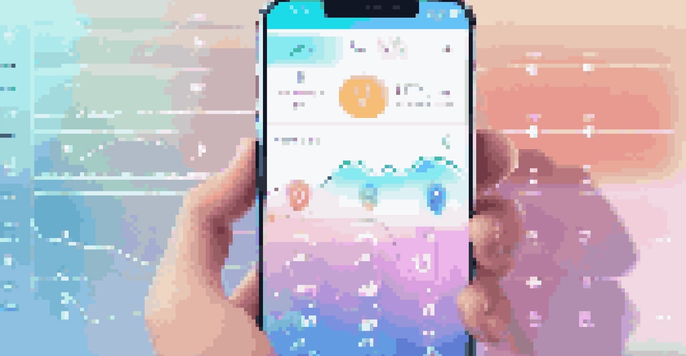 A smartphone with a voice recognition app interface, featuring colorful icons and sound wave graphics, set against a soft blue and white gradient background.