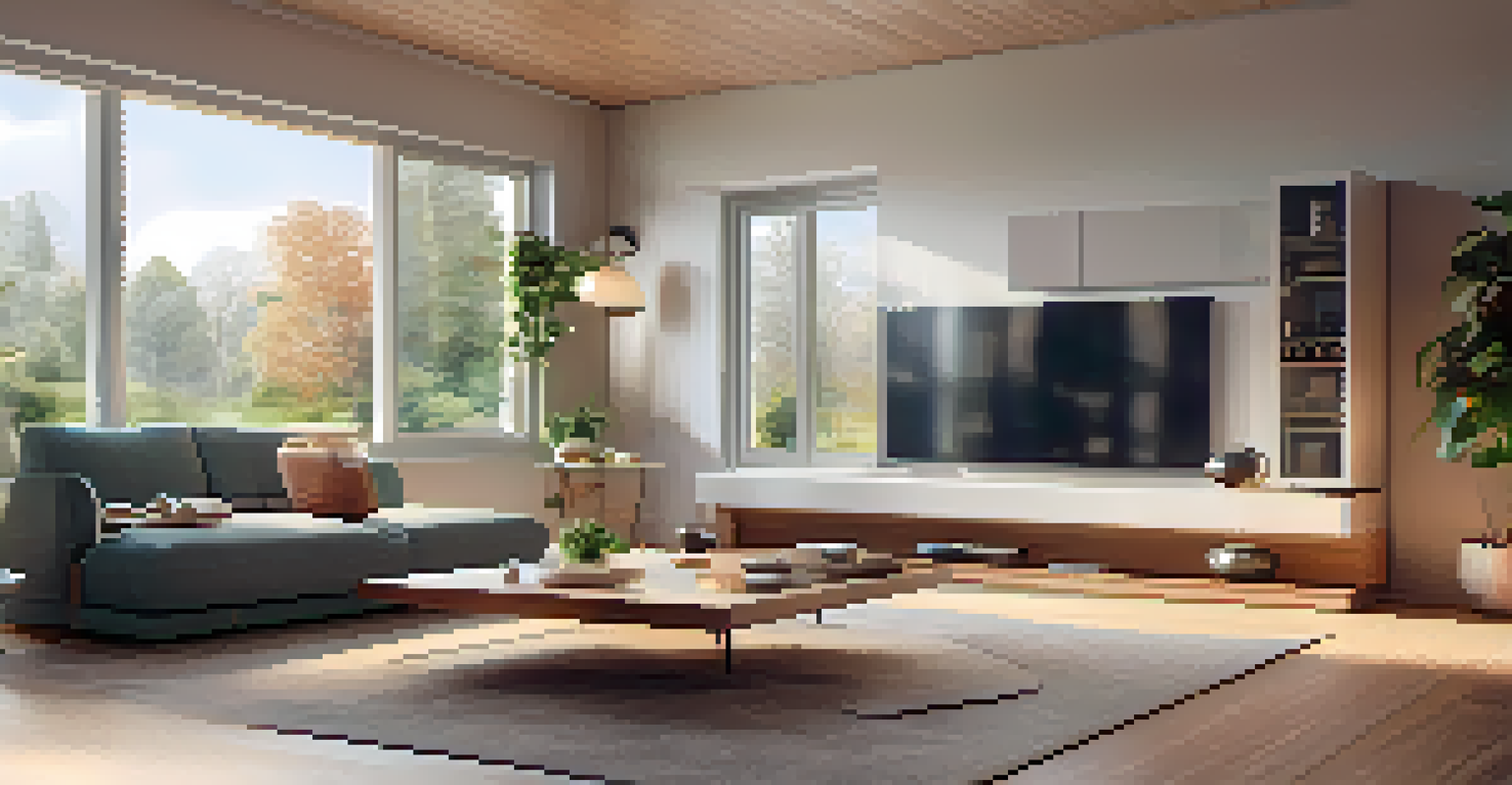 A modern living room in a smart home with automated features, natural light, and integrated smart devices.