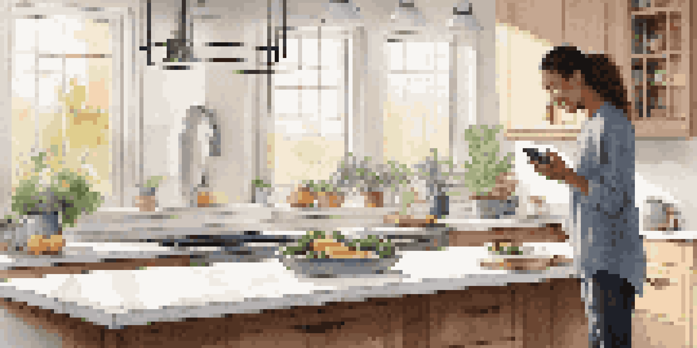A person in a modern kitchen using a voice assistant device to cook, with natural light illuminating the space.