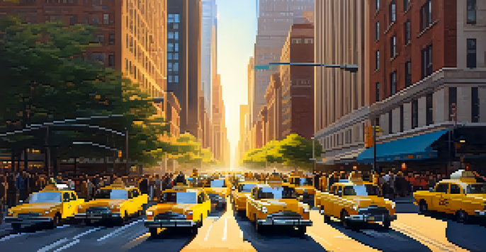 A busy city street with yellow taxis and skyscrapers, bathed in warm golden hour sunlight, creating a lively urban scene.