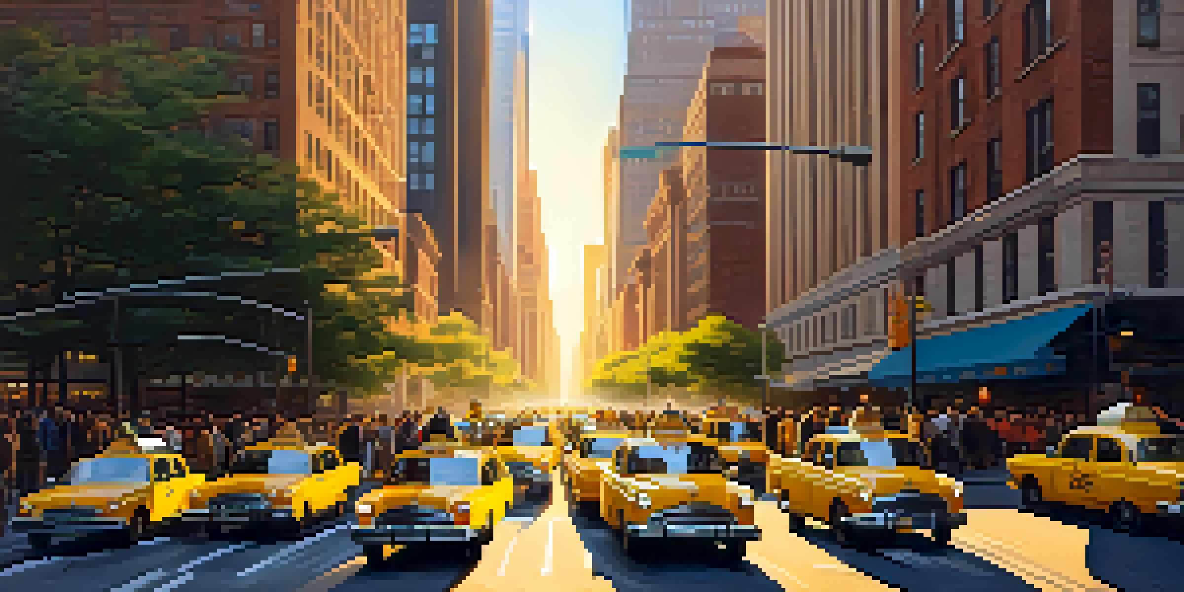 A busy city street with yellow taxis and skyscrapers, bathed in warm golden hour sunlight, creating a lively urban scene.