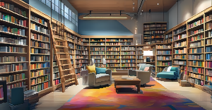 A modern bookstore with bookshelves, a reading nook, and a large screen displaying an online bookstore interface.