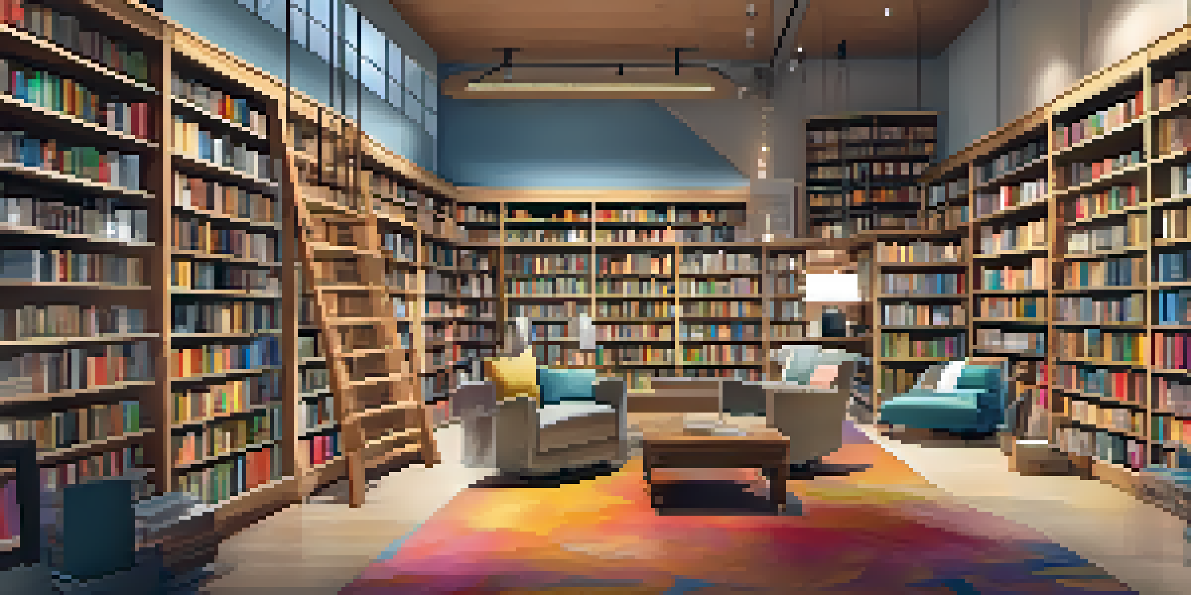 A modern bookstore with bookshelves, a reading nook, and a large screen displaying an online bookstore interface.
