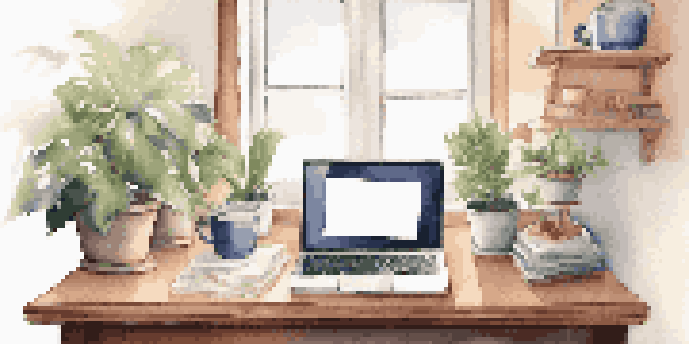 A cozy workspace with a computer on a wooden desk, featuring a cookie consent banner on the screen, surrounded by a potted plant, coffee cup, and a notepad, illuminated by soft natural light.