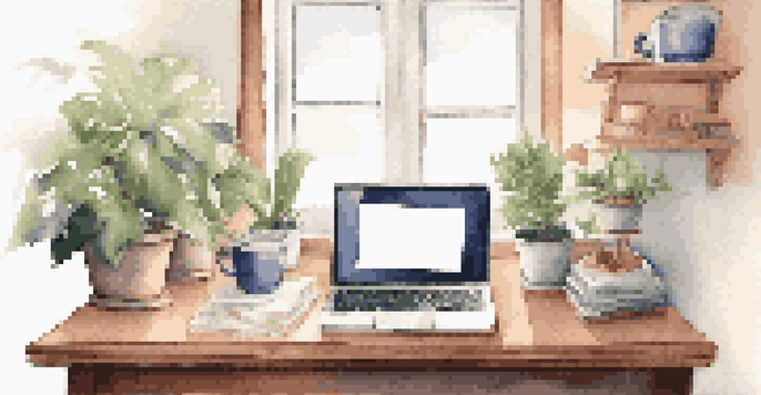 A cozy workspace with a computer on a wooden desk, featuring a cookie consent banner on the screen, surrounded by a potted plant, coffee cup, and a notepad, illuminated by soft natural light.