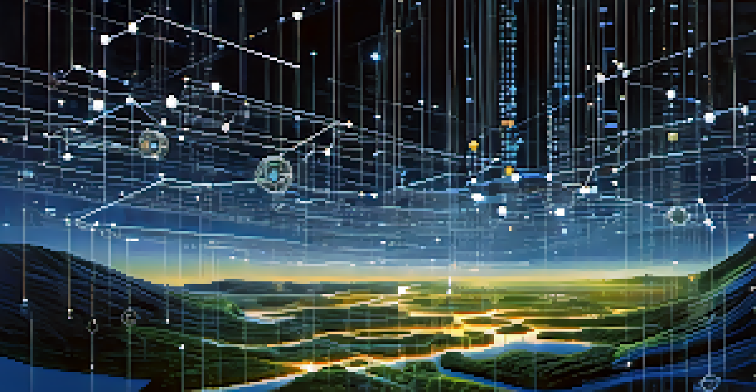 A futuristic digital landscape with glowing data points and nodes on a blue background, representing metadata management.