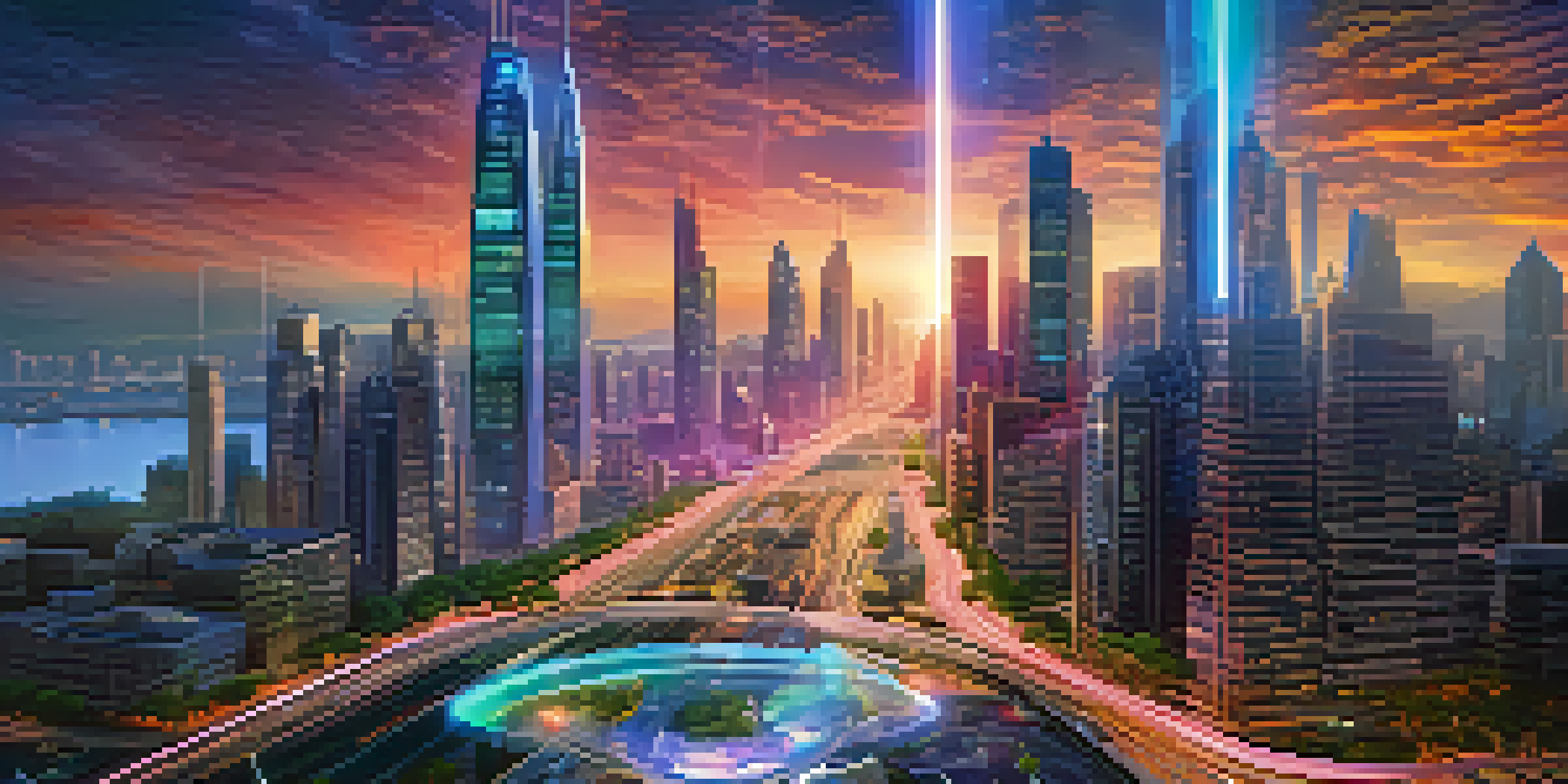 A vibrant futuristic city with skyscrapers and a holographic display of digital twin technology showing traffic flow.