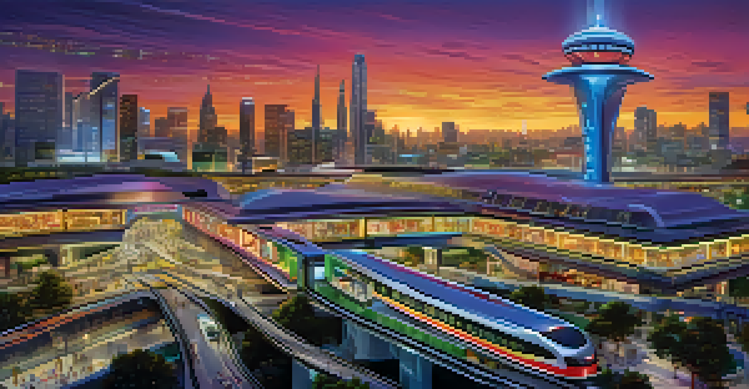 A futuristic cityscape with a control tower managing various transportation modes, symbolizing an API gateway in technology.