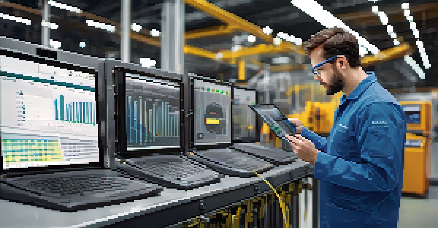 An engineer in a factory looking at a tablet displaying predictive analytics data, with machinery and tools in the background.