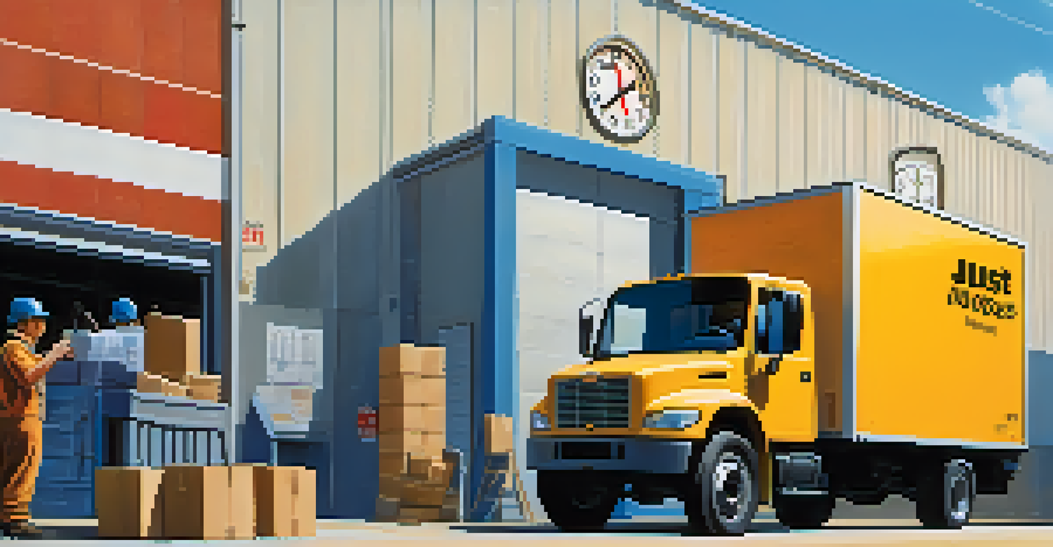 A delivery truck arriving at a warehouse, symbolizing just-in-time inventory strategy with a clock icon in the scene.