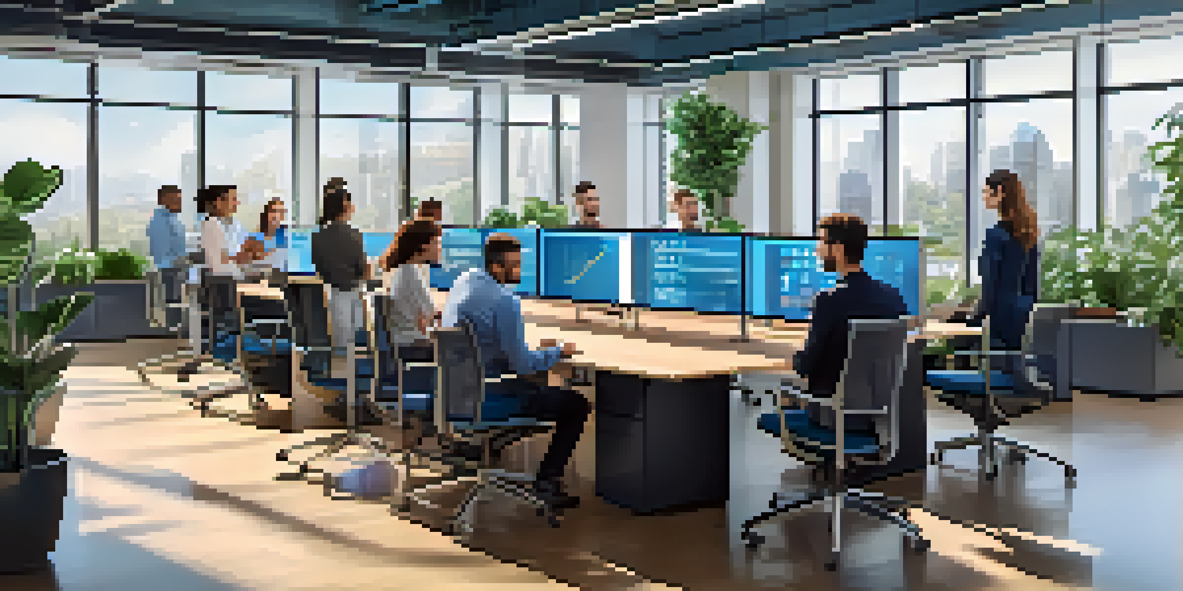 A diverse team of professionals working together in a bright, modern office, with a digital screen showing data analytics.