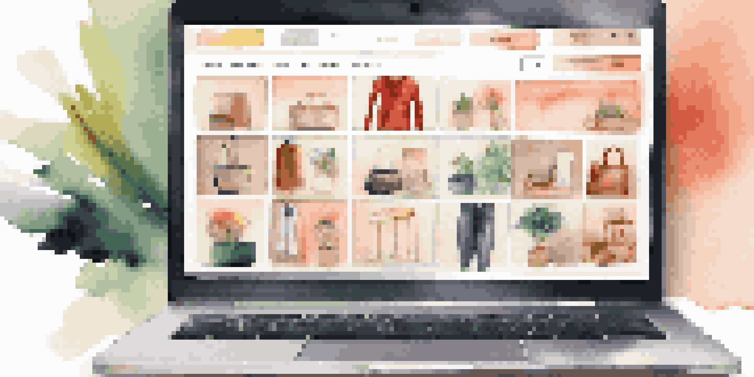 A laptop displaying a colorful and modern e-commerce website with product images and navigation menus in a stylish workspace.