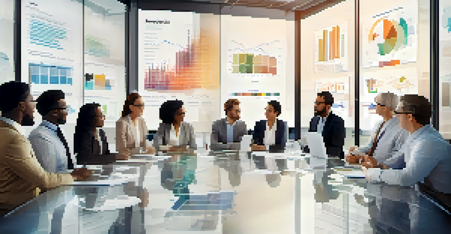 A team of professionals discussing data analytics metrics displayed on a large screen in a modern meeting room.