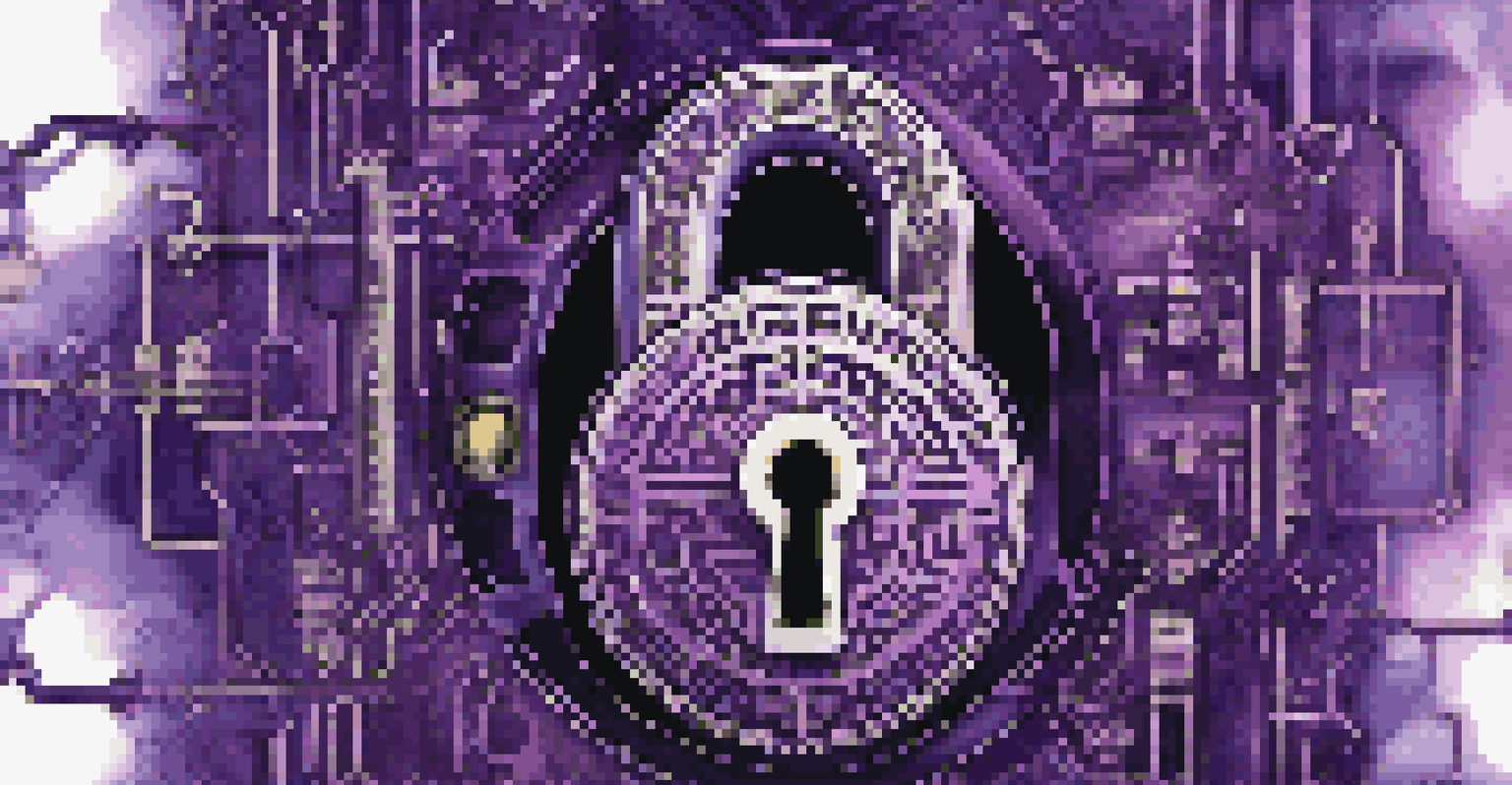 An abstract image of a lock and key symbolizing cryptography, with a background of binary code and cryptographic patterns in deep purple and black.