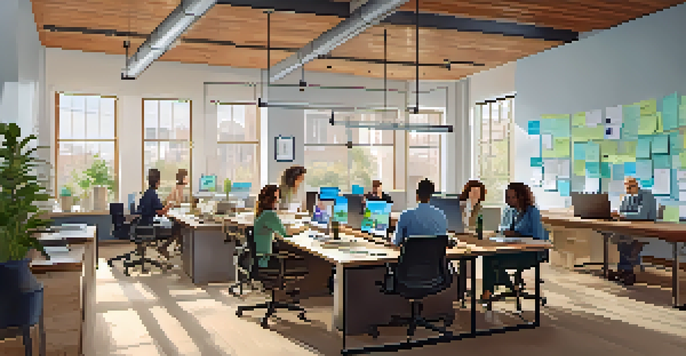 A diverse team of professionals working together in a modern office, surrounded by laptops, sticky notes, and a whiteboard, with natural light illuminating the space.