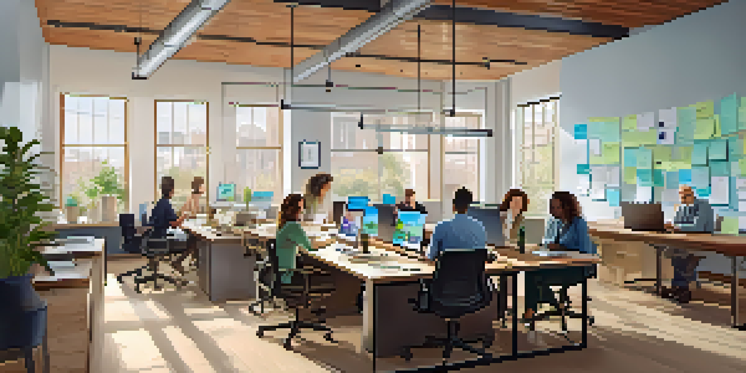 A diverse team of professionals working together in a modern office, surrounded by laptops, sticky notes, and a whiteboard, with natural light illuminating the space.