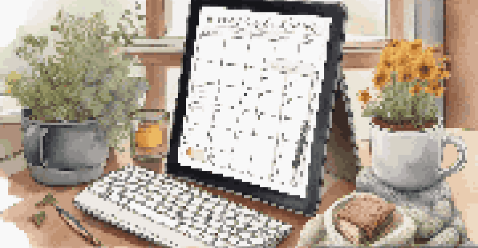 A content calendar on a tablet surrounded by sticky notes and a cup of tea in a cozy workspace.