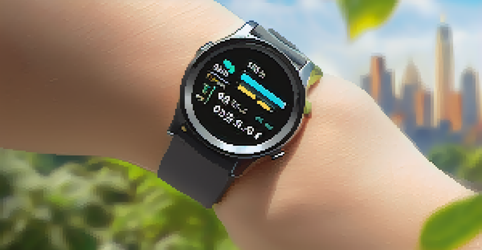 A fitness tracker on a wrist showing detailed statistics against a blurred park background.