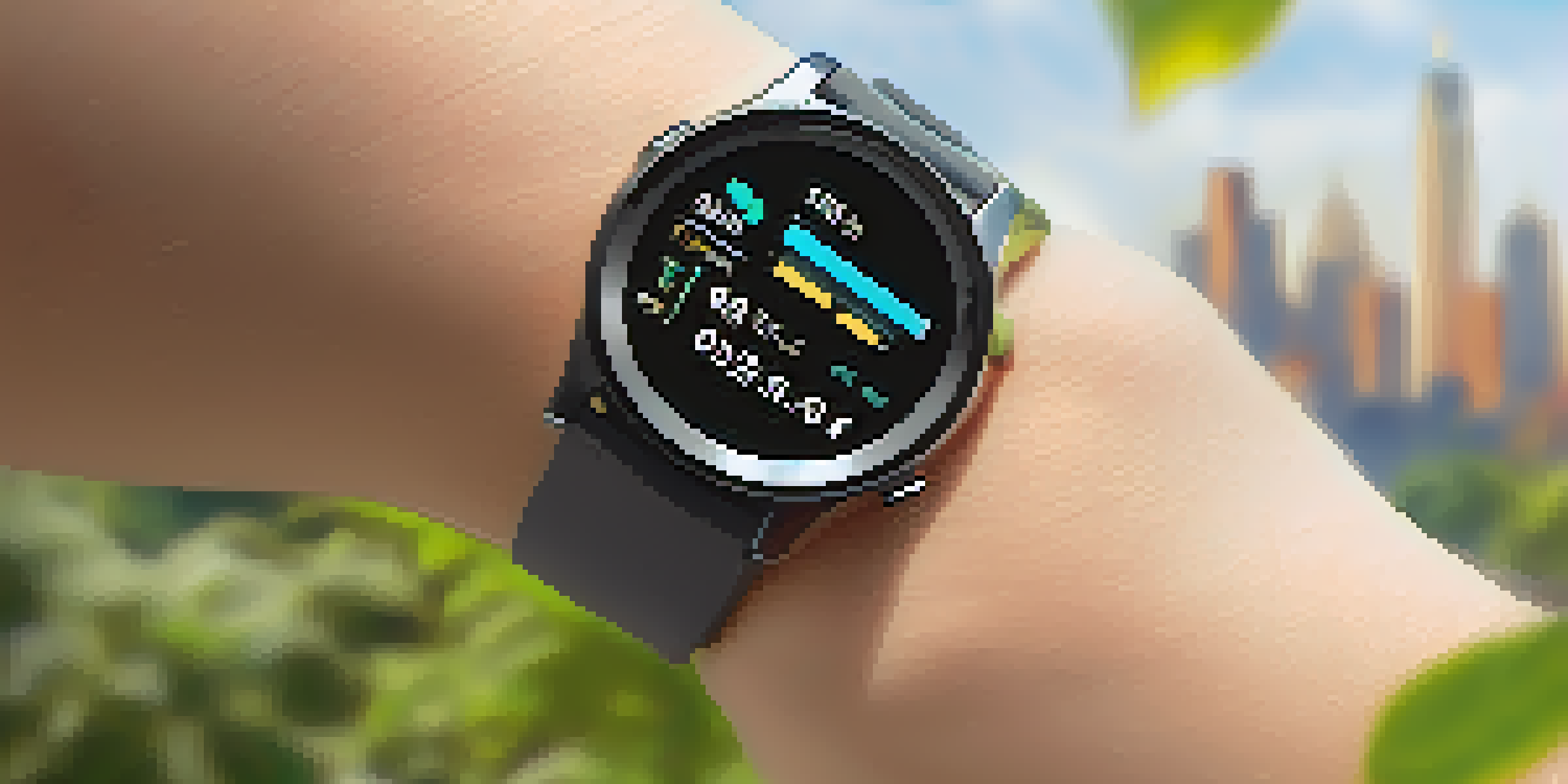 A fitness tracker on a wrist showing detailed statistics against a blurred park background.