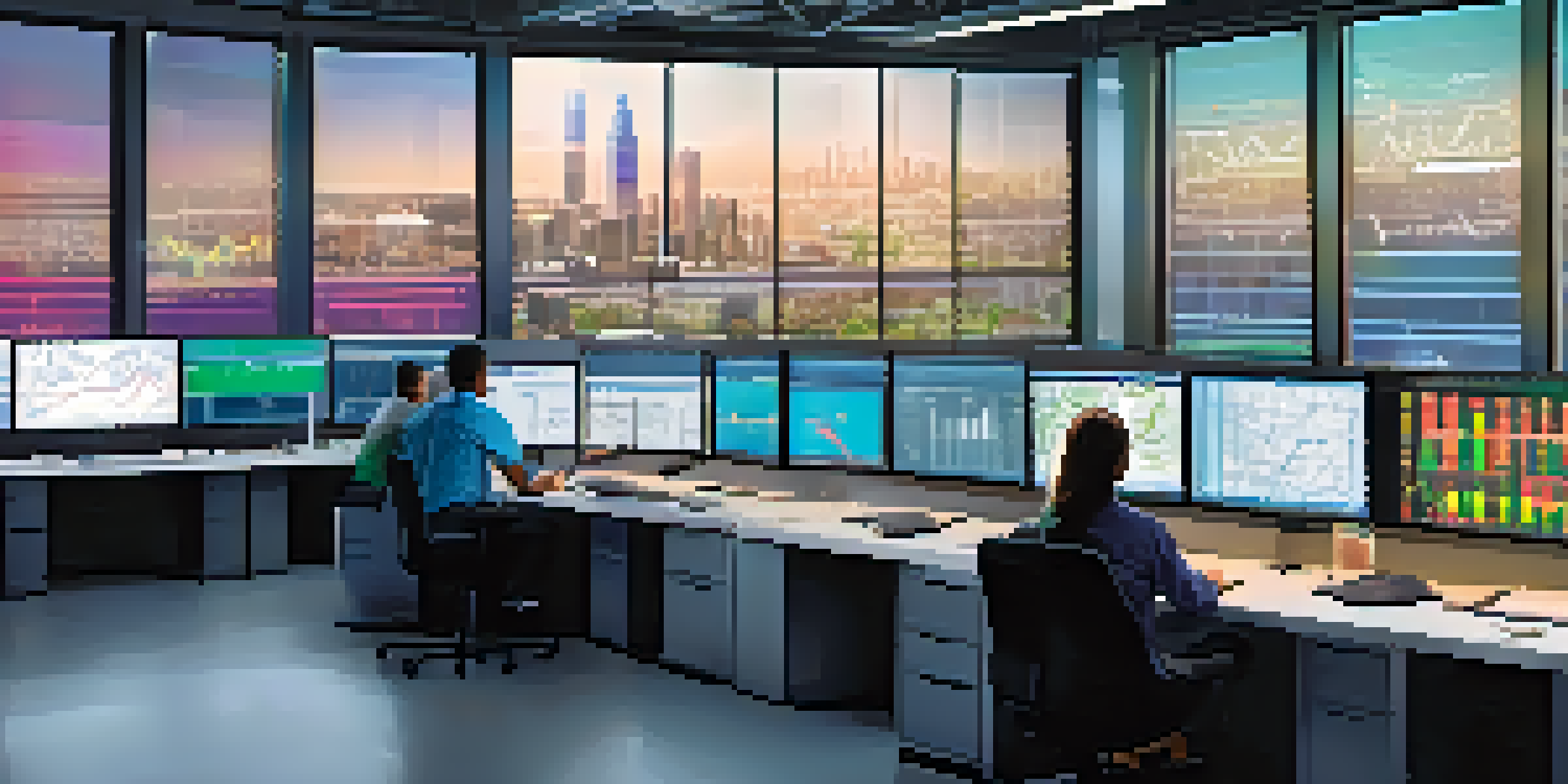 A modern supply chain control room with professionals analyzing data on large screens and a bright, inviting atmosphere.